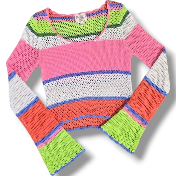 Hippie Rose | cropped open knit crocheted bell sleeve colorful boho sweater - Picture 2 of 16